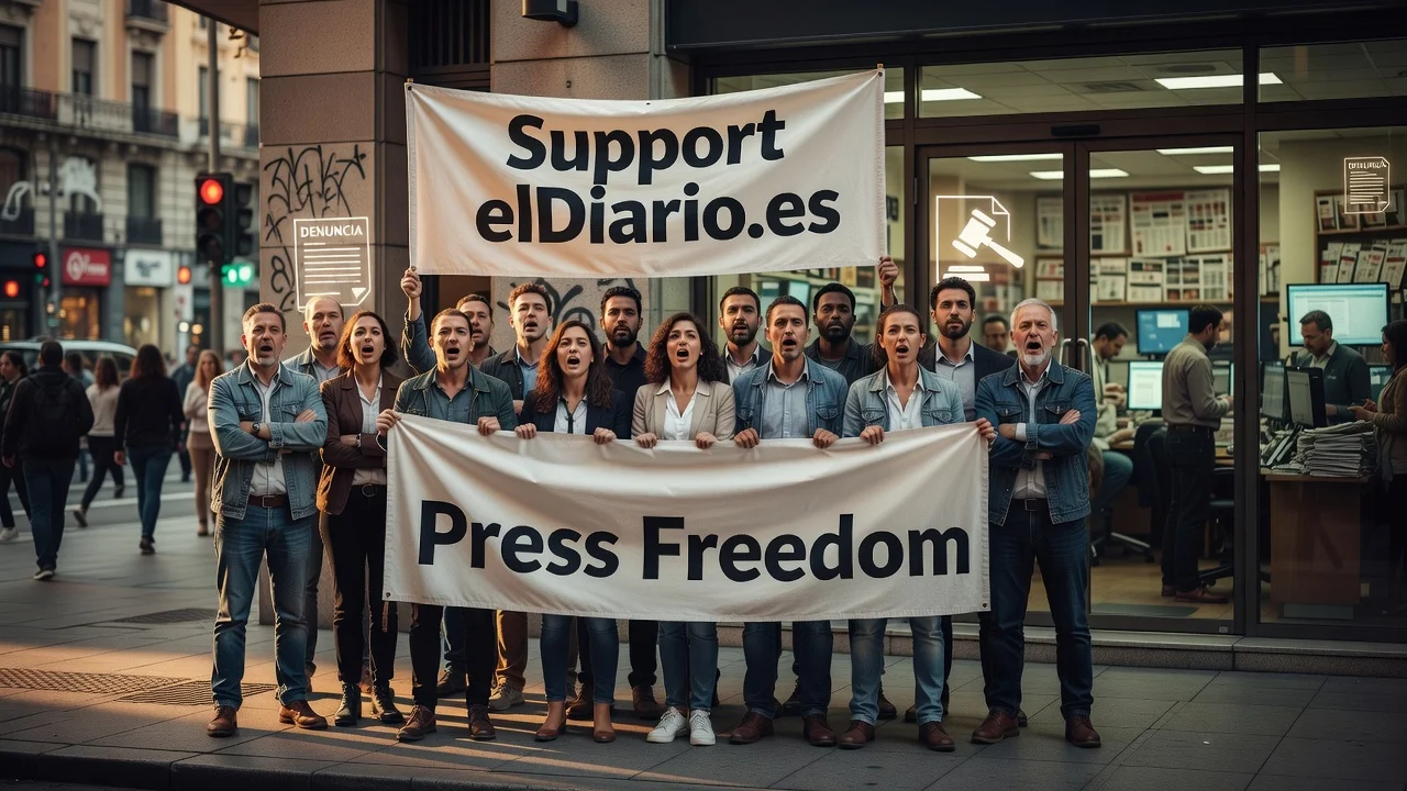 Journalists in solidarity supporting elDiario.es against a complaint by Julio Iglesias, realistic news illustration