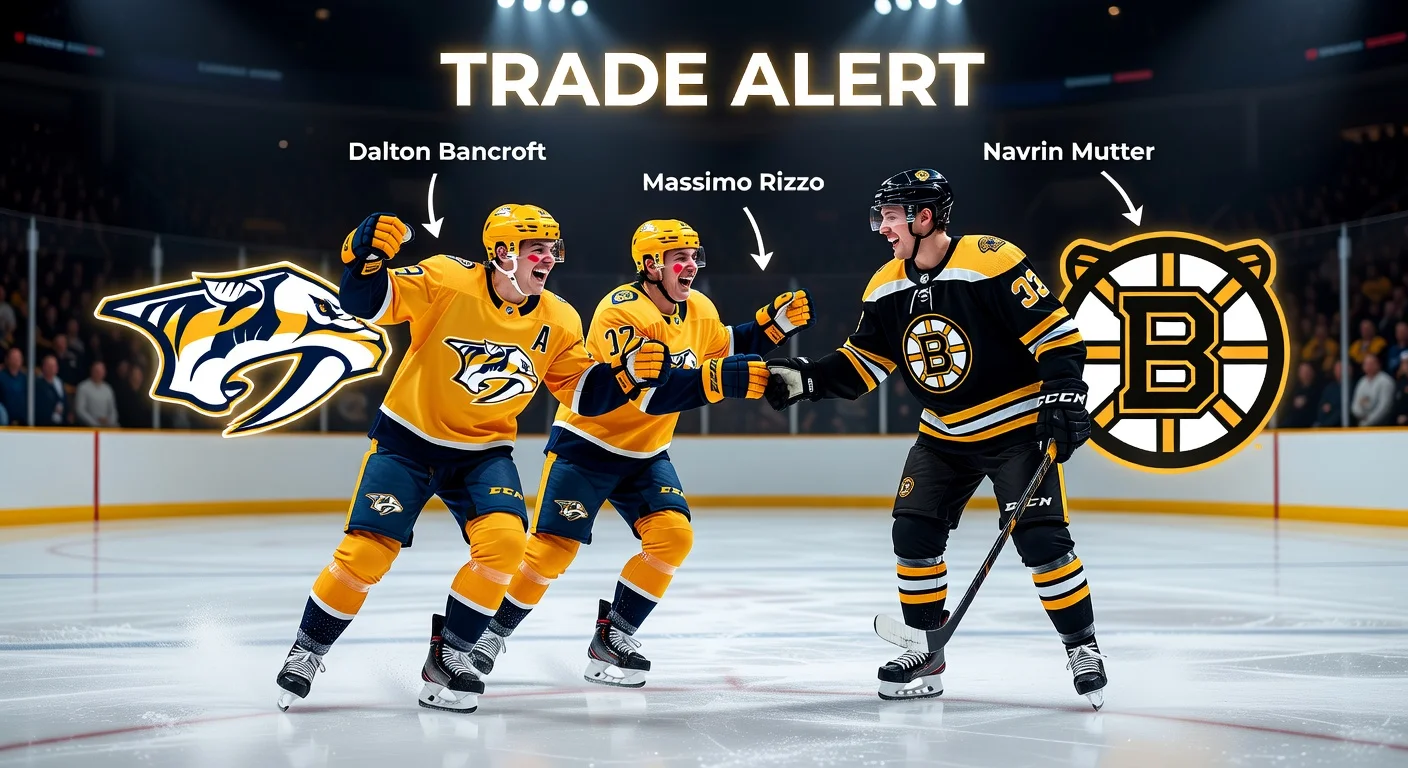 NHL trade illustration: Predators' Bancroft and Rizzo acquired from Bruins for Mutter, depicted as young players shaking hands on ice with team logos.