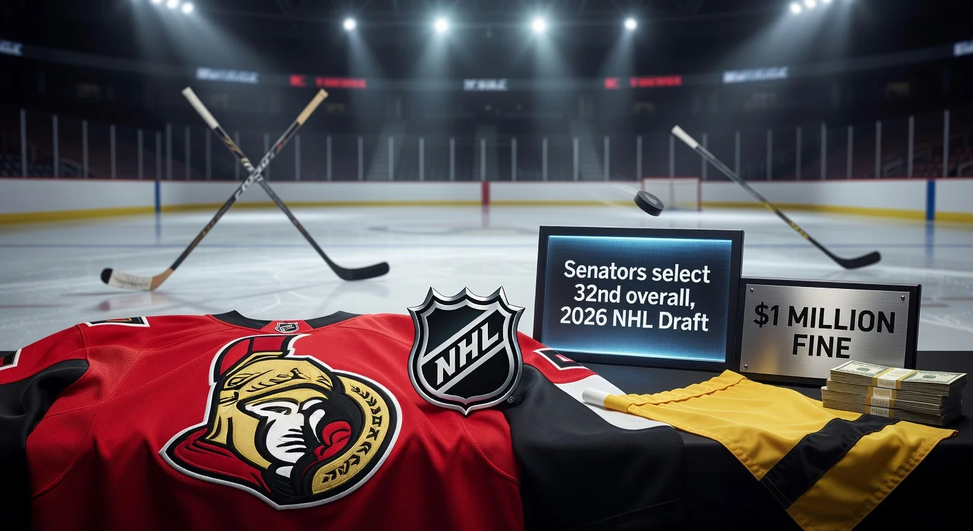 Illustration of Ottawa Senators' adjusted NHL penalty: 32nd pick in 2026 draft and $1M fine for Dadonov trade violation.