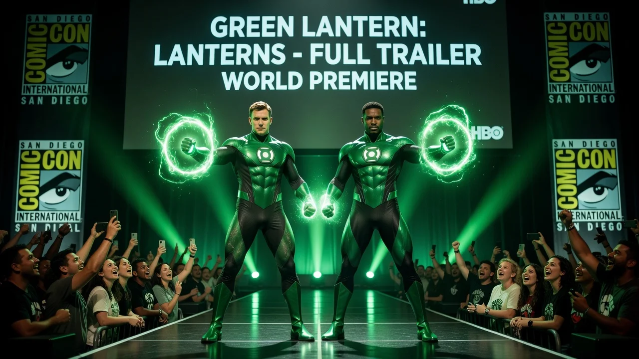 Illustration of the HBO Green Lantern Lanterns trailer reveal at Comic-Con featuring Kyle Chandler and Aaron Pierre.