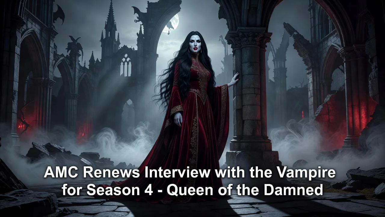 A dramatic image of the vampire queen Akasha from the renewed Interview with the Vampire series, illustrating the announcement for season 4 titled Queen of the Damned.