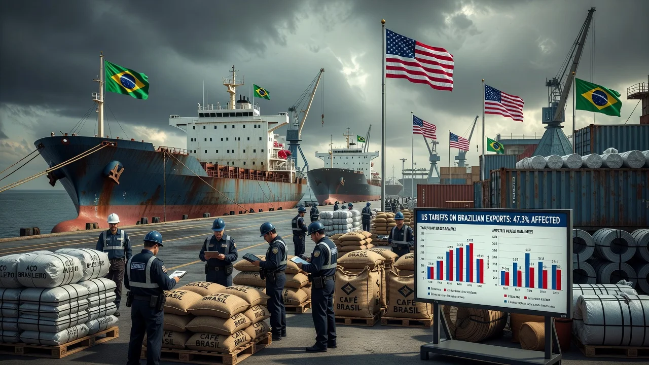 Illustration showing the impact of US tariffs on Brazilian exports to America.