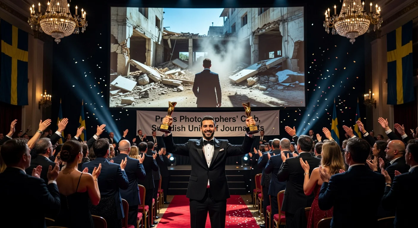 Alexander Mahmoud celebrates winning Photographer of the Year and Picture of the Year awards at the 2026 Stockholm gala.