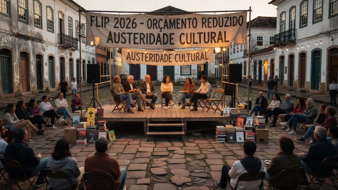 Realistic scene of the Flip literary festival in Paraty showing a modest setup due to budget cuts.