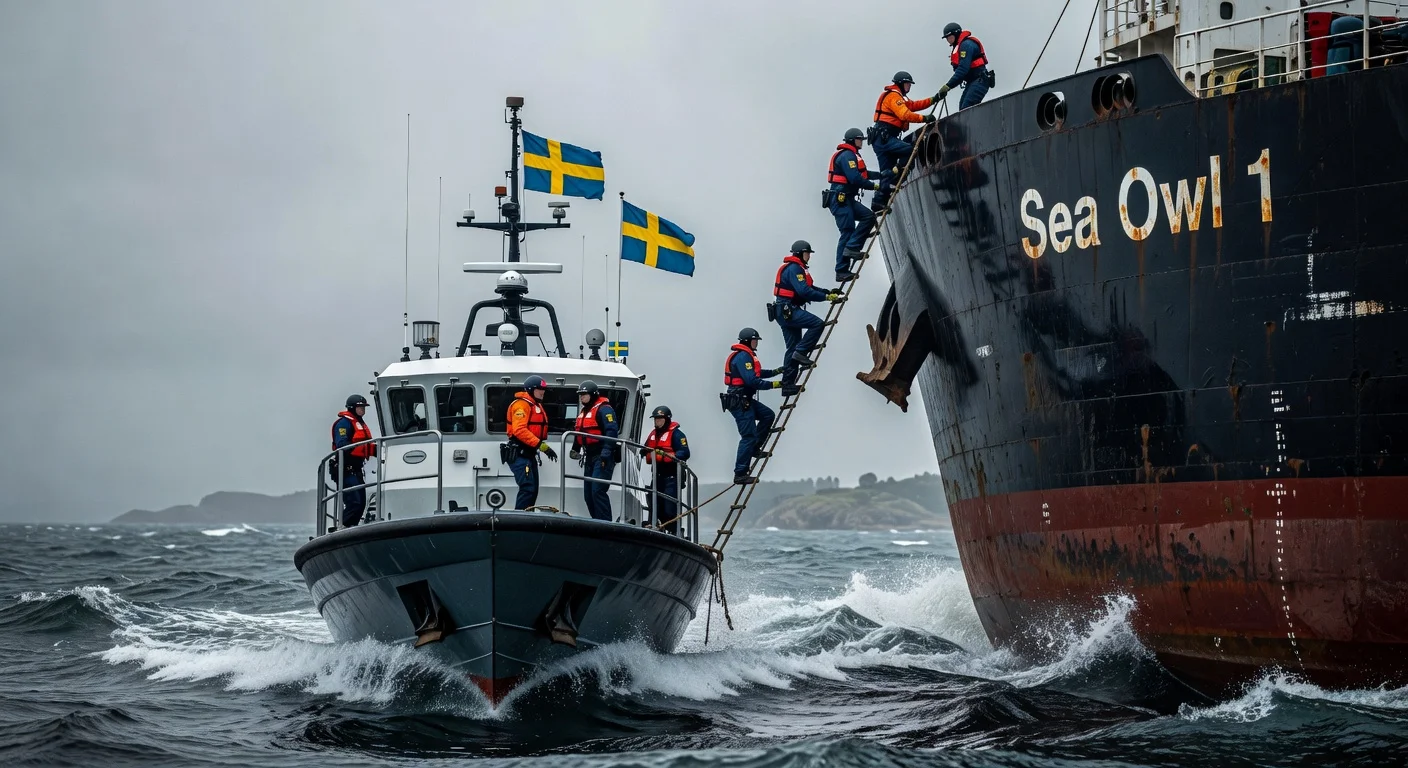 Swedish Coast Guard and police boarding the sanctioned tanker Sea Owl 1 off Trelleborg, Sweden.