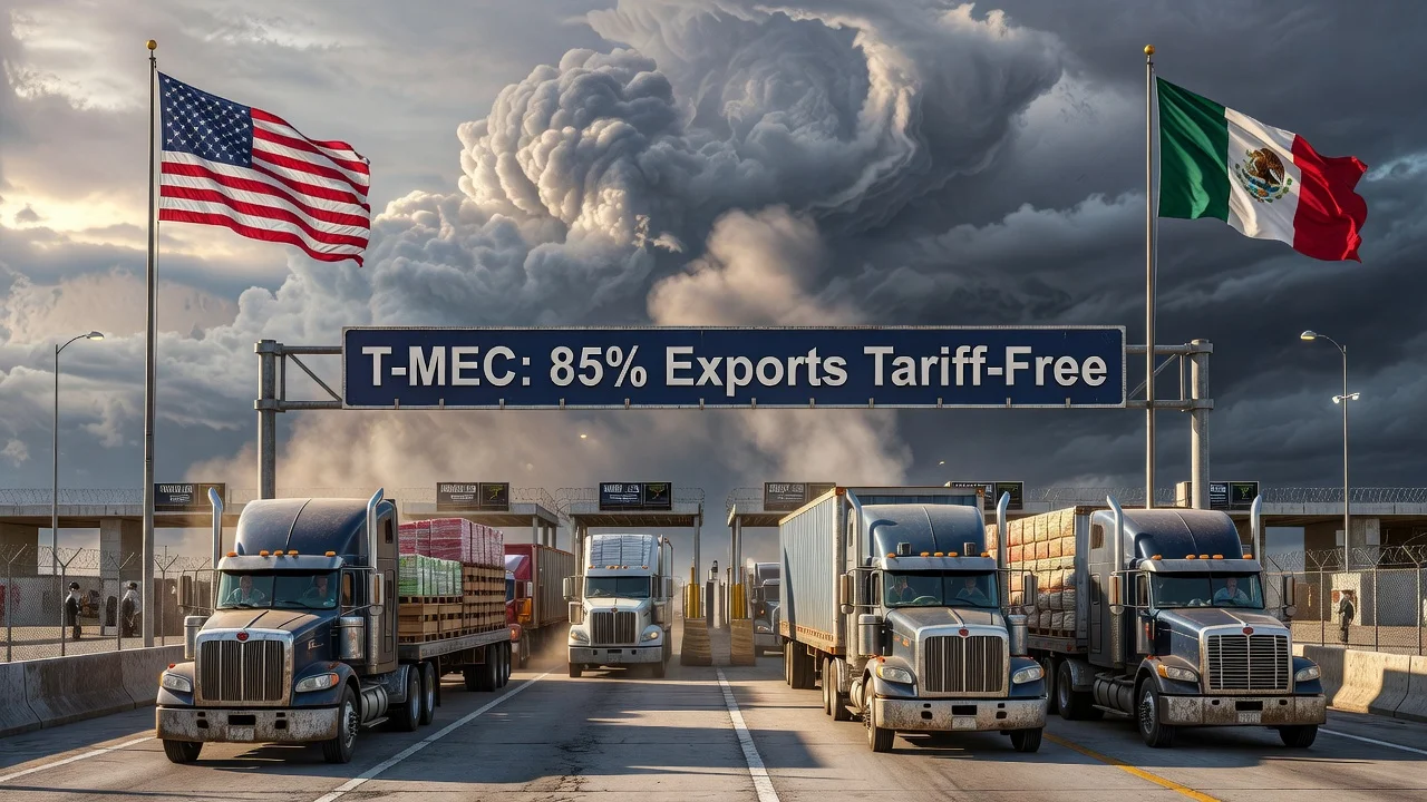 Illustration of Mexico-US trade under T-MEC with trucks at the border and flags.