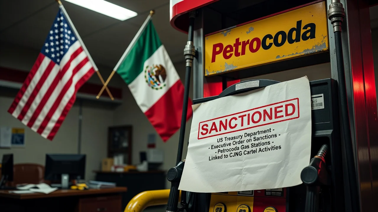 Illustration of US sanctions on Petrocoda gas stations due to CJNG ties, showing stamped documents and gas pumps.