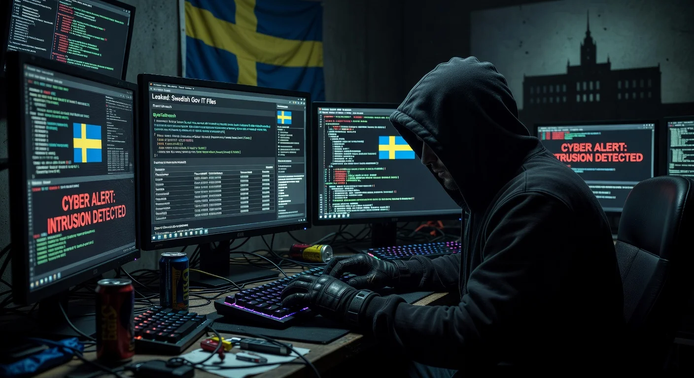 Dramatic illustration of a darknet leak of Swedish government IT data by hackers, showing computer screens with source code, passwords, and personal files.