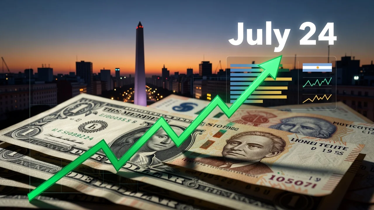 Realistic illustration of Argentine pesos and US dollars with rising financial graph indicating historic high on July 24, for news article about currency market stability.