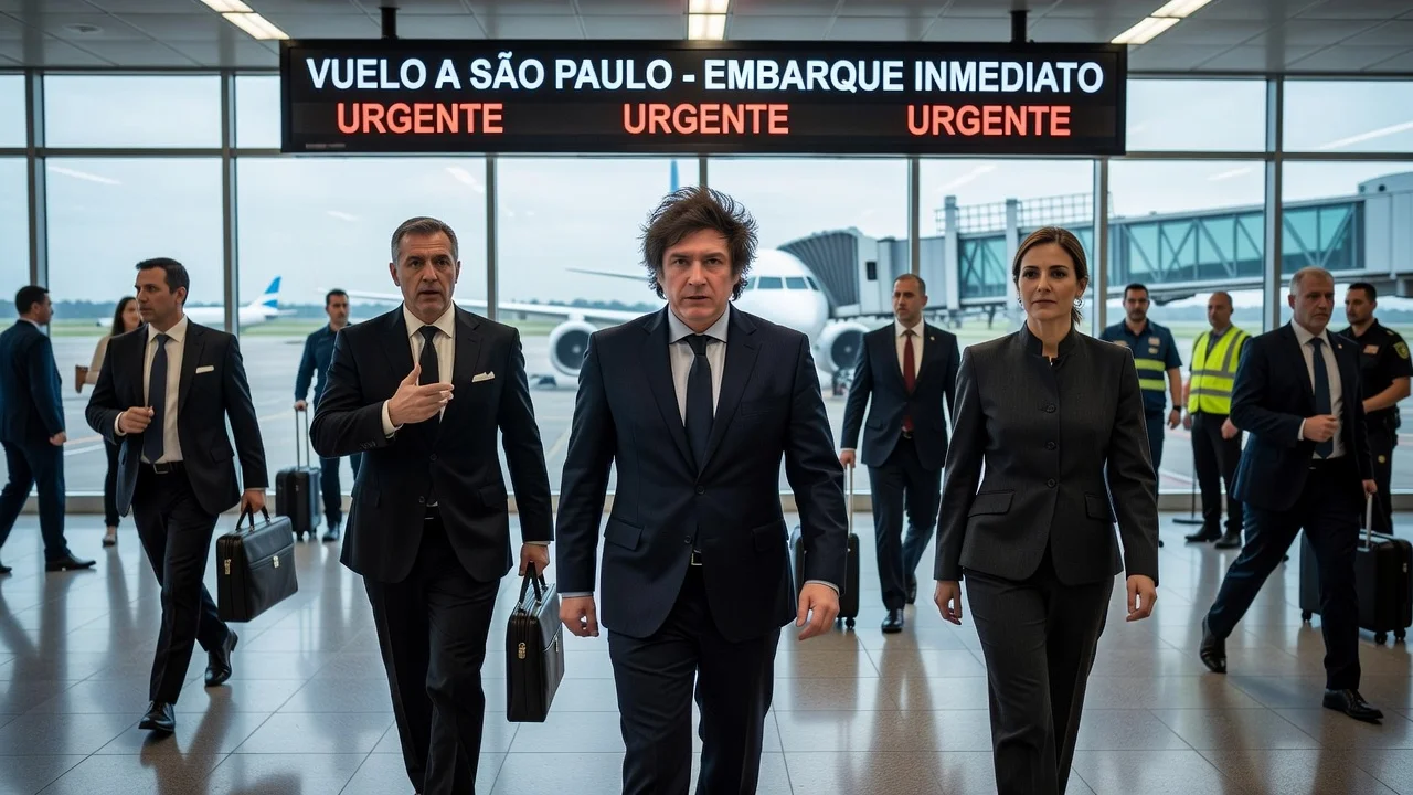 Argentine President Javier Milei departing for São Paulo with his sister and chancellor.