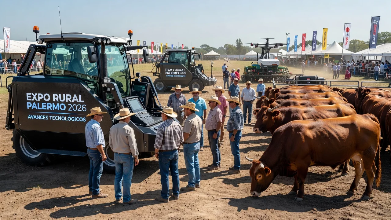 Vibrant scene from Expo Rural Palermo showcasing advanced machinery and Limousin cattle.