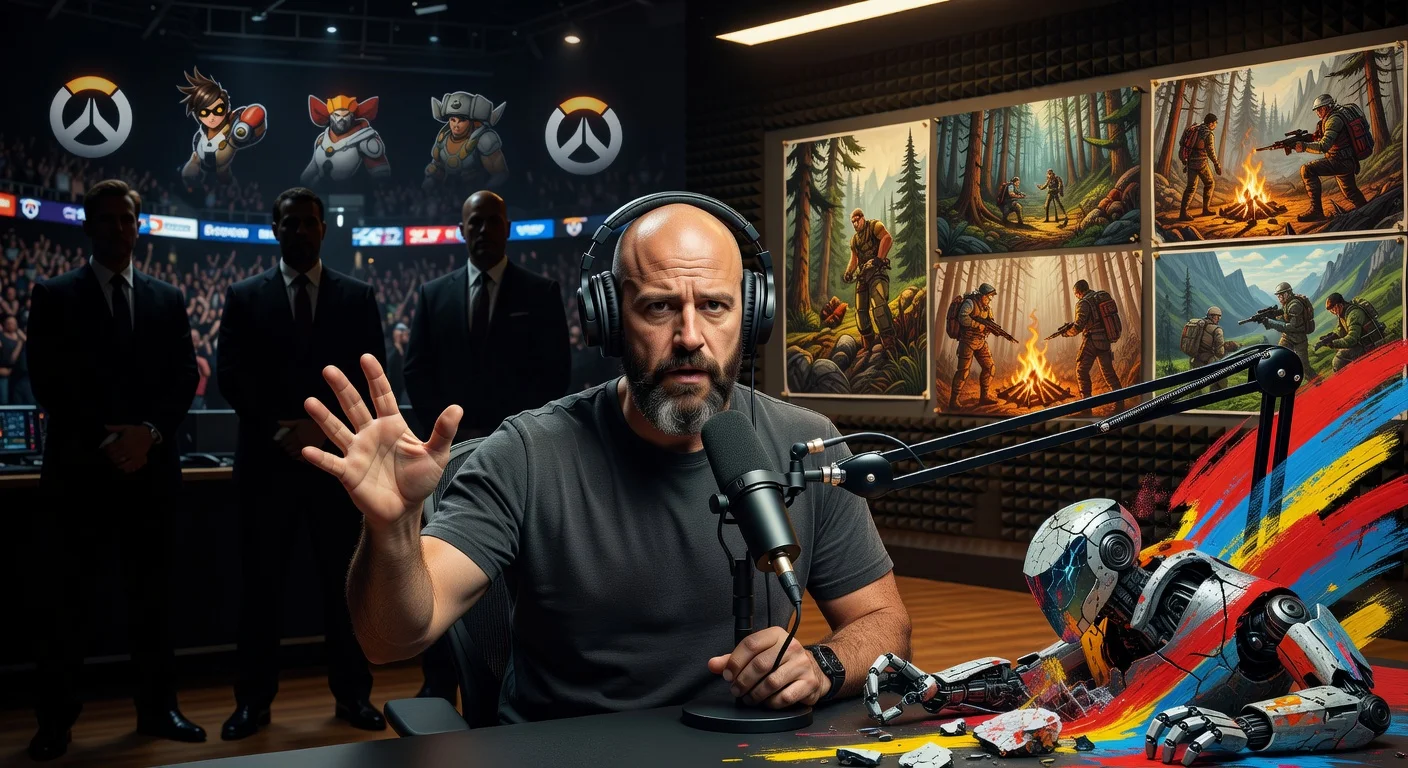 Jeff Kaplan in a podcast interview, illustrated with symbols of his Blizzard exit, anti-AI stance, and new survival game studio.