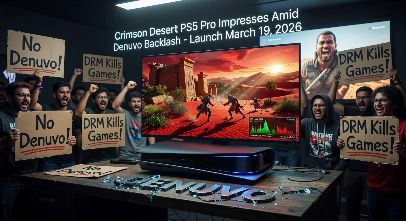 Photorealistic illustration depicting PS5 Pro's impressive Crimson Desert gameplay contrasted with PC gamers' Denuvo DRM backlash, for a gaming news article.