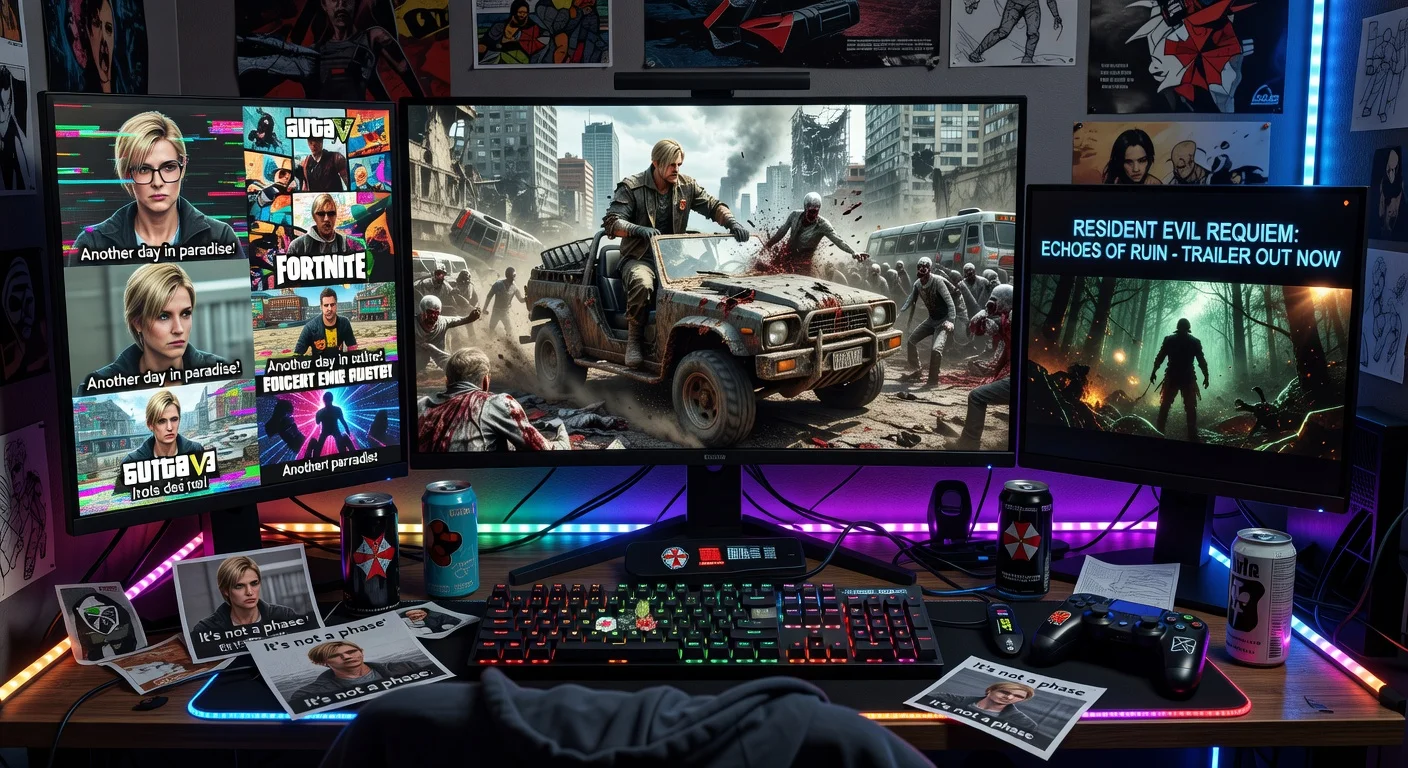 Realistic illustration of a gamer's setup showcasing Resident Evil Requiem fan mods, memes featuring Leon Kennedy in a vehicle, Grace Ashcroft, and DLC announcements.