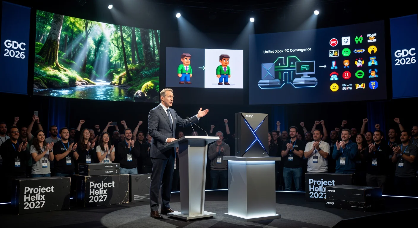 Microsoft executive unveiling Project Helix next-gen Xbox prototype with advanced ray tracing and AI demos at GDC 2026 keynote.