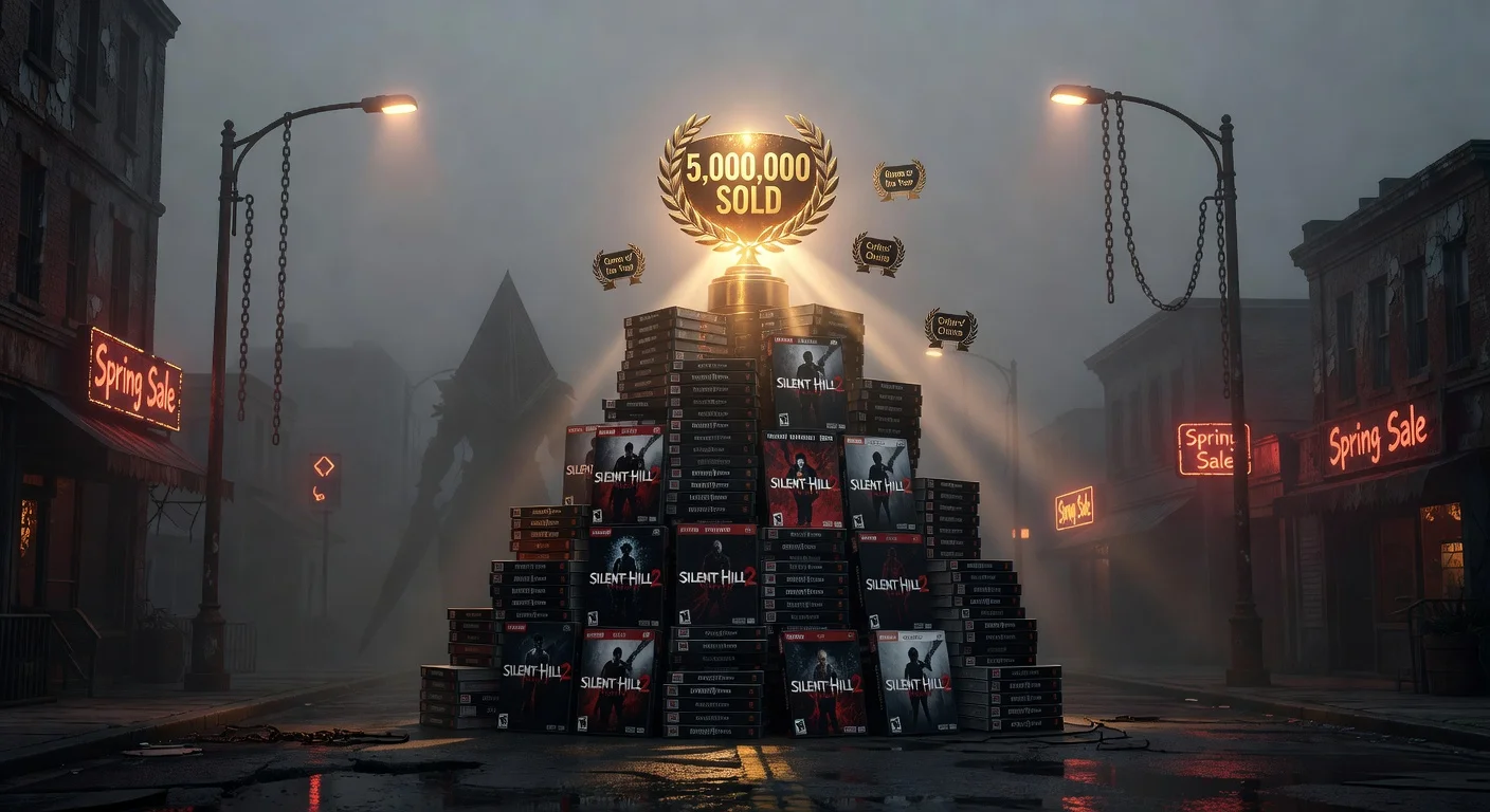 Illustration of Silent Hill 2 remake box art in foggy town with 5 million sales milestone badge, awards, and spring sale promo for news article.