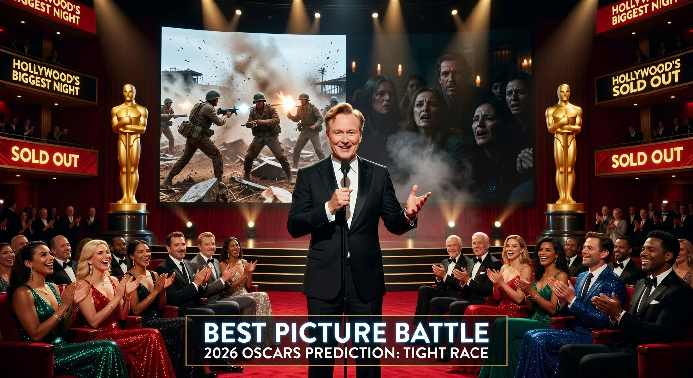 Dramatic illustration depicting the tight 2026 Best Picture Oscars race between 'One Battle After Another' and 'Sinners', hosted by Conan O'Brien.
