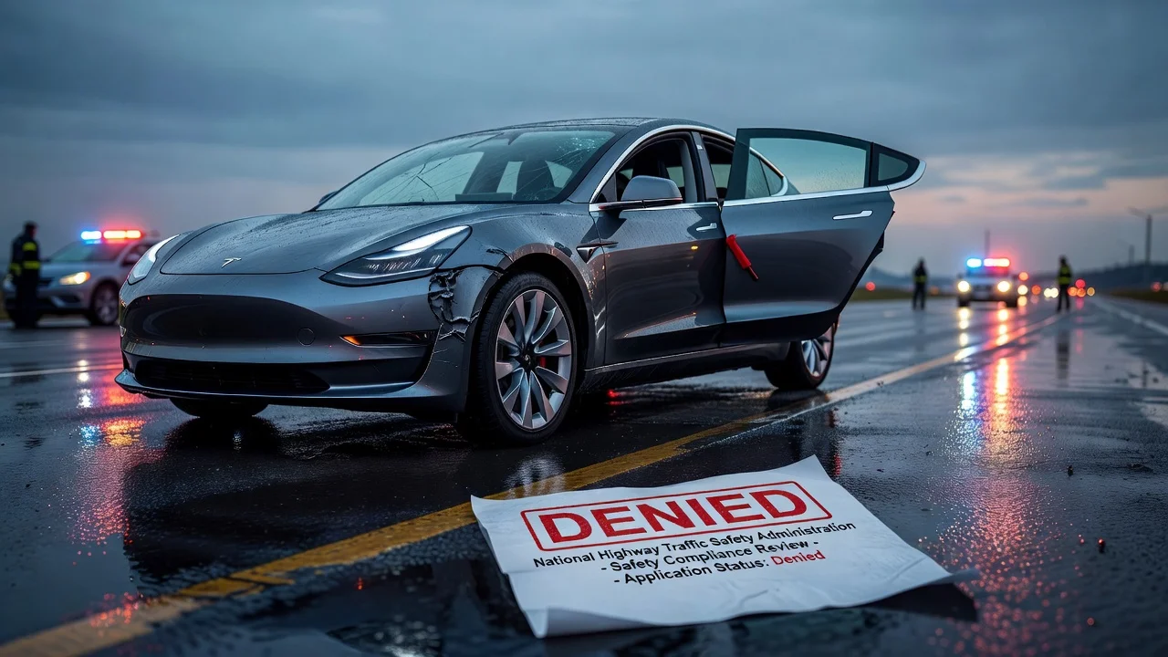 Illustration of a Tesla Model 3 crash scene with NHTSA denied petition document, for news article on door release investigation denial.