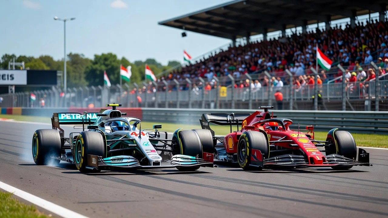 Lewis Hamilton leading Ferrari's Charles Leclerc in FP2 at the Hungarian Grand Prix