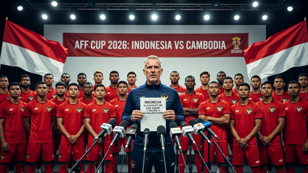 Coach John Herdman announces the Indonesian squad for the AFF Cup 2026 with players in the background.