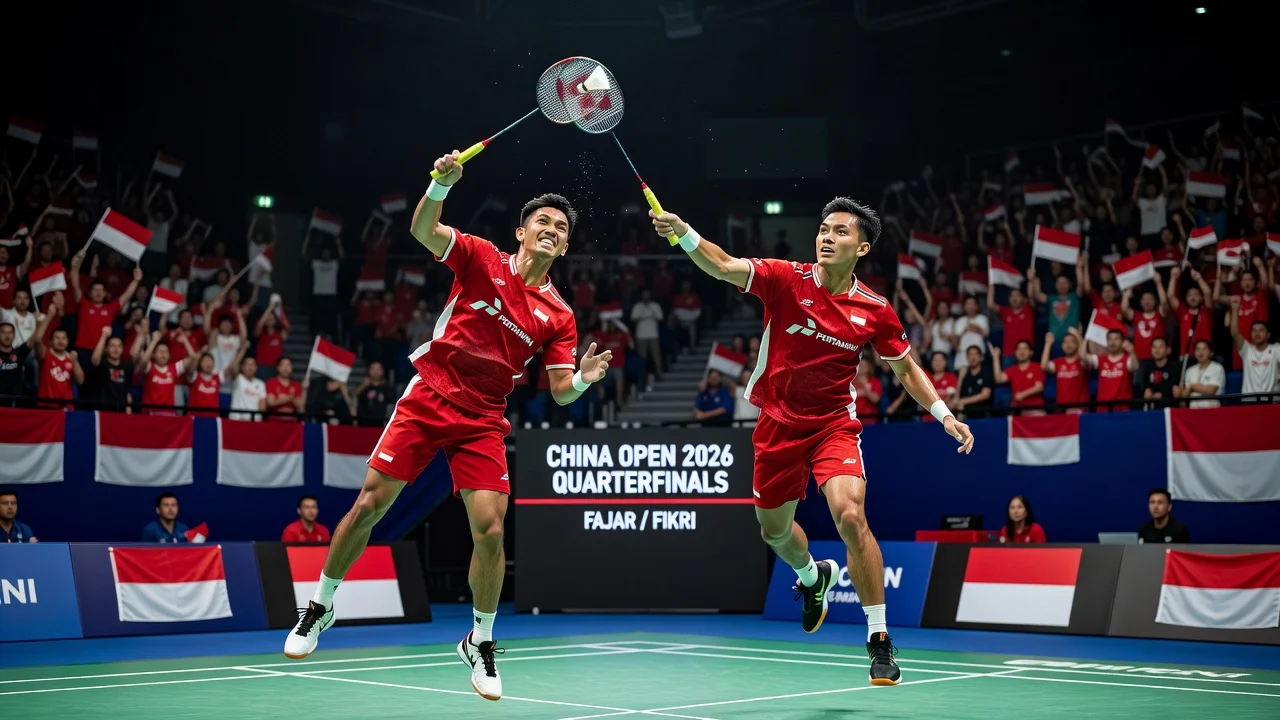 Indonesian badminton players Fajar Alfian and Muhammad Shohibul Fikri celebrating their advancement in the China Open 2026.