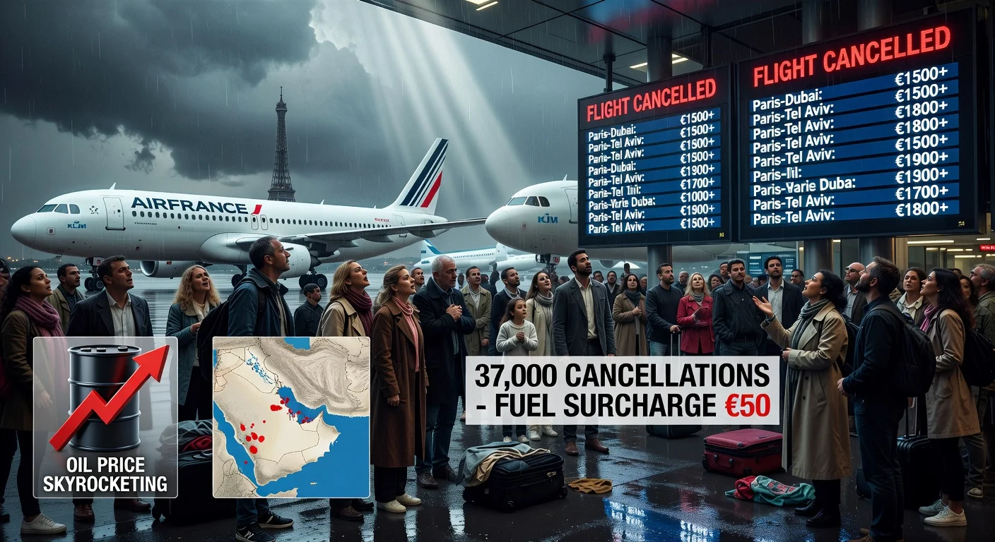Illustration depicting chaos at a French airport with canceled flights, rising airfares, and stranded tourists due to Middle East war fuel costs.