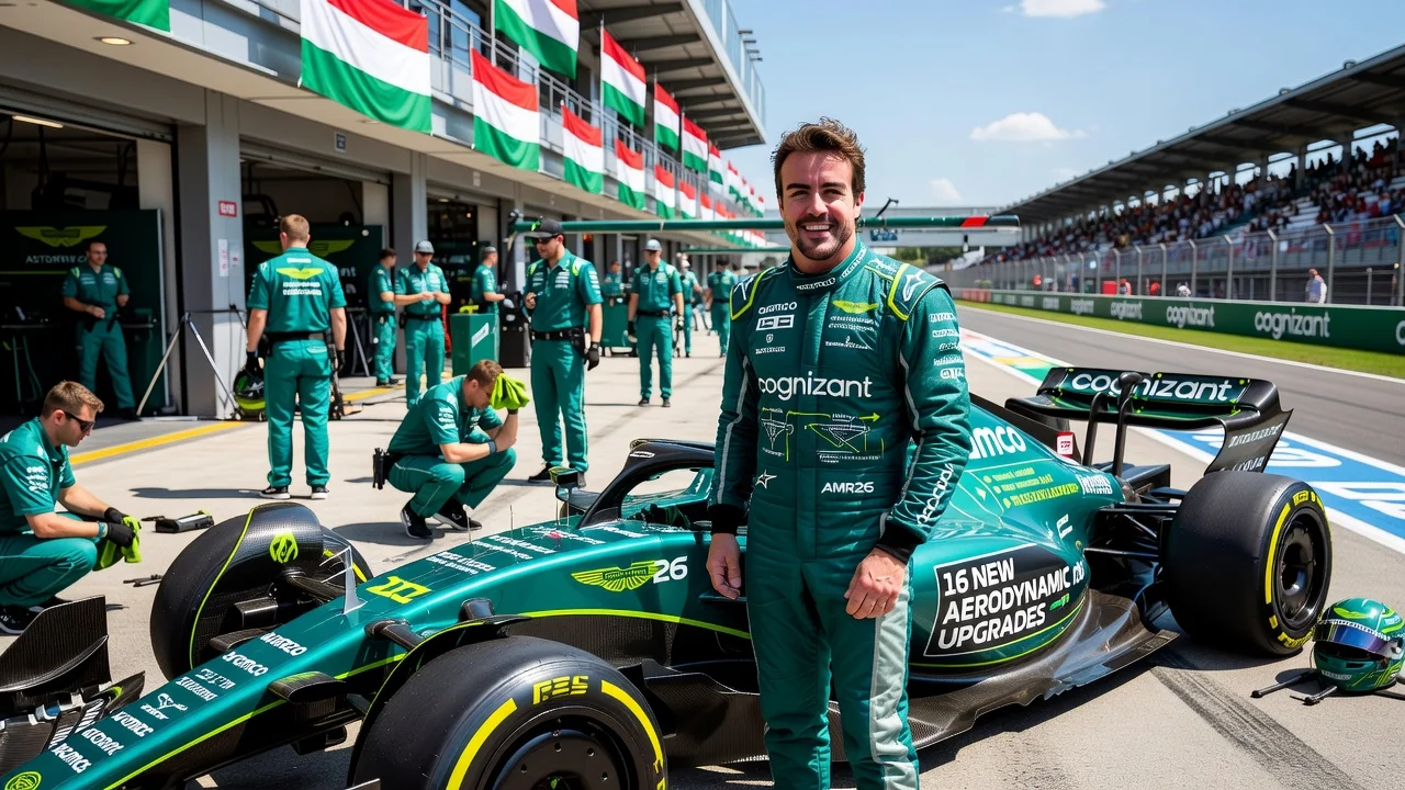 Fernando Alonso with upgraded Aston Martin F1 car at Hungarian Grand Prix