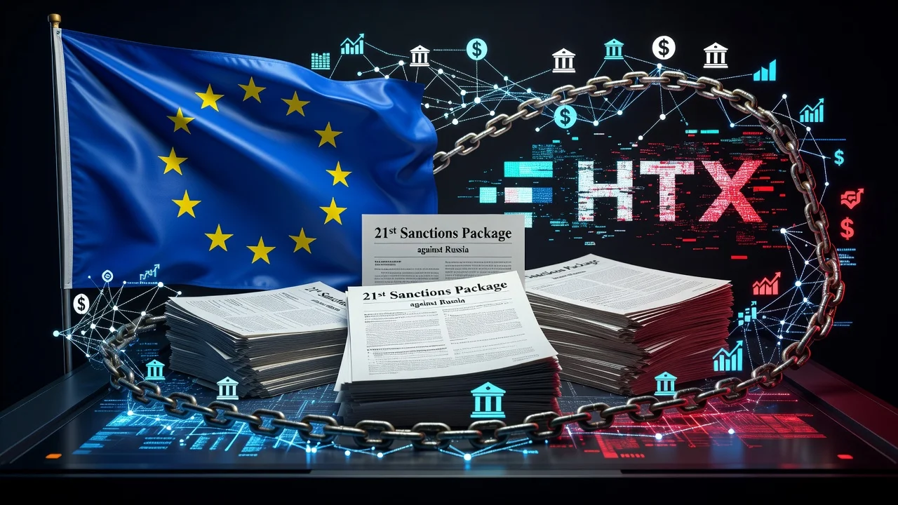 Illustration of EU sanctions against Russia and crypto firms including HTX