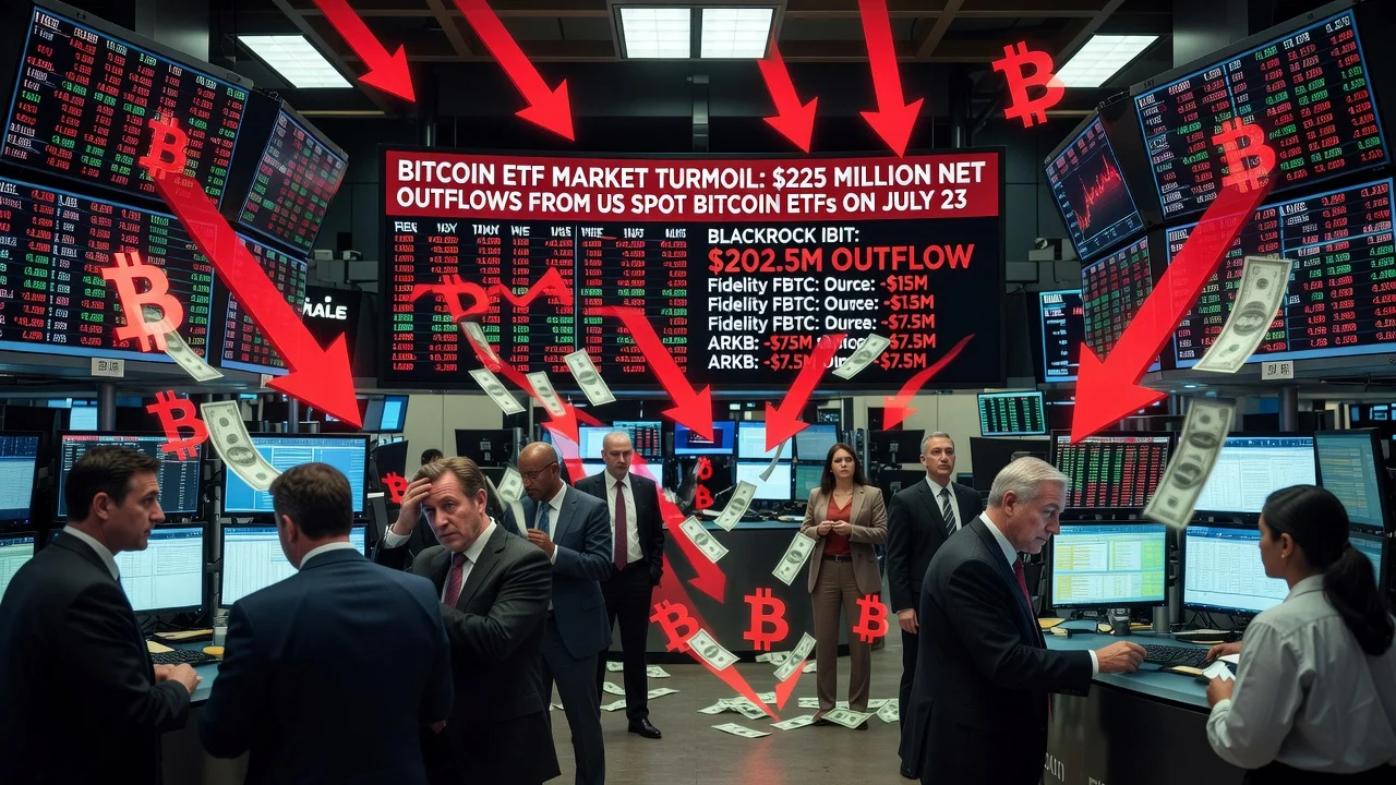Illustration of Bitcoin ETFs experiencing net outflows, showing financial charts and traders on Wall Street.
