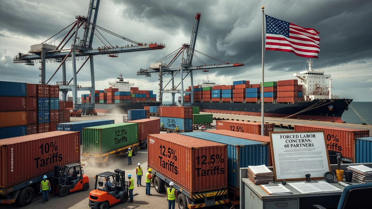 Illustration of US imposing new tariffs on imported goods at a shipping port