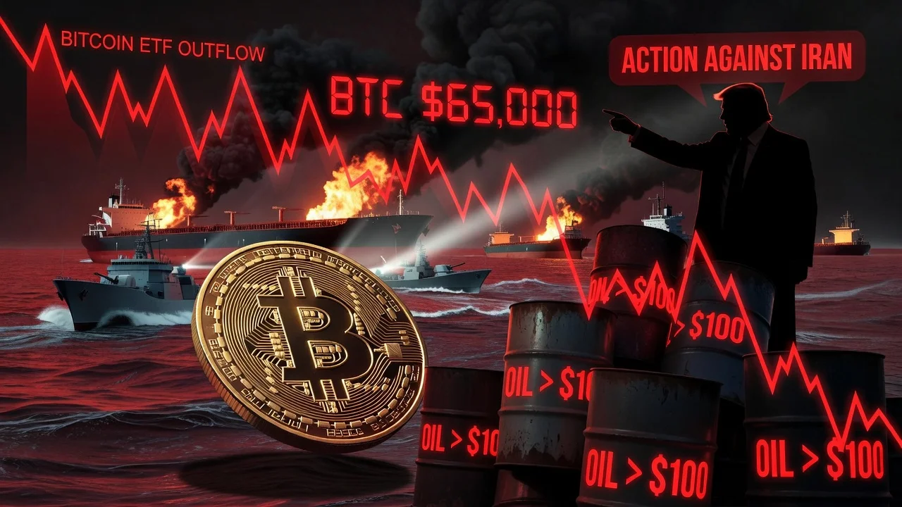 Illustration of Bitcoin falling below $65,000 amid oil prices topping $100 due to Red Sea tanker attacks and geopolitical tensions.