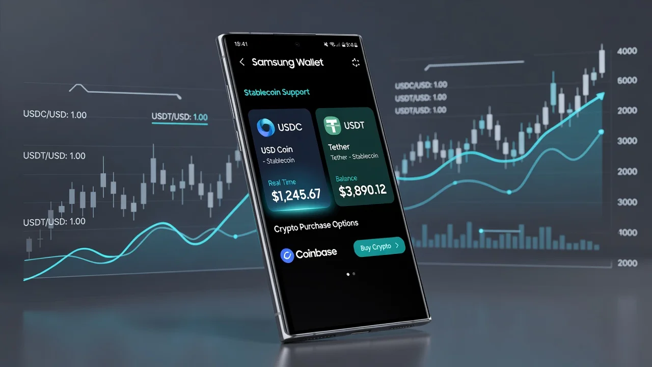 Samsung smartphone showing wallet with stablecoin support in a news illustration.