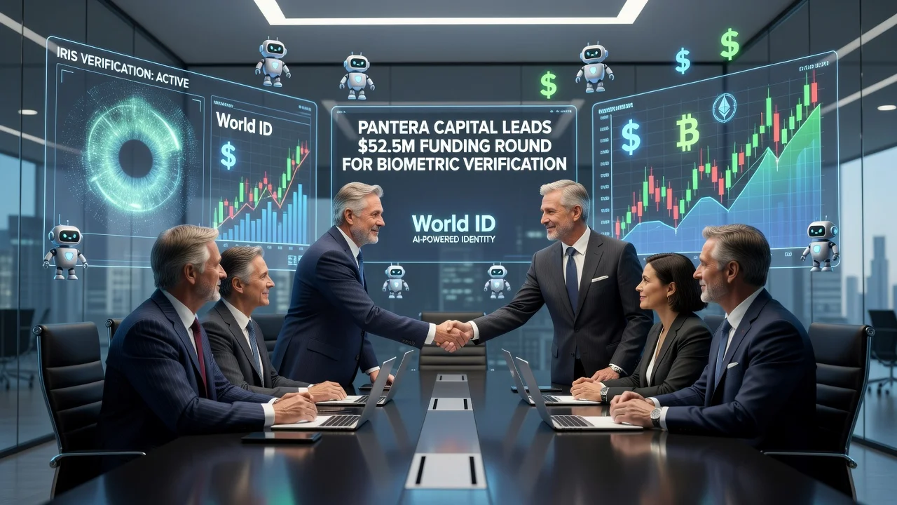 Business executives celebrating World Foundation's funding for World ID biometric system in a modern tech office with holograms.