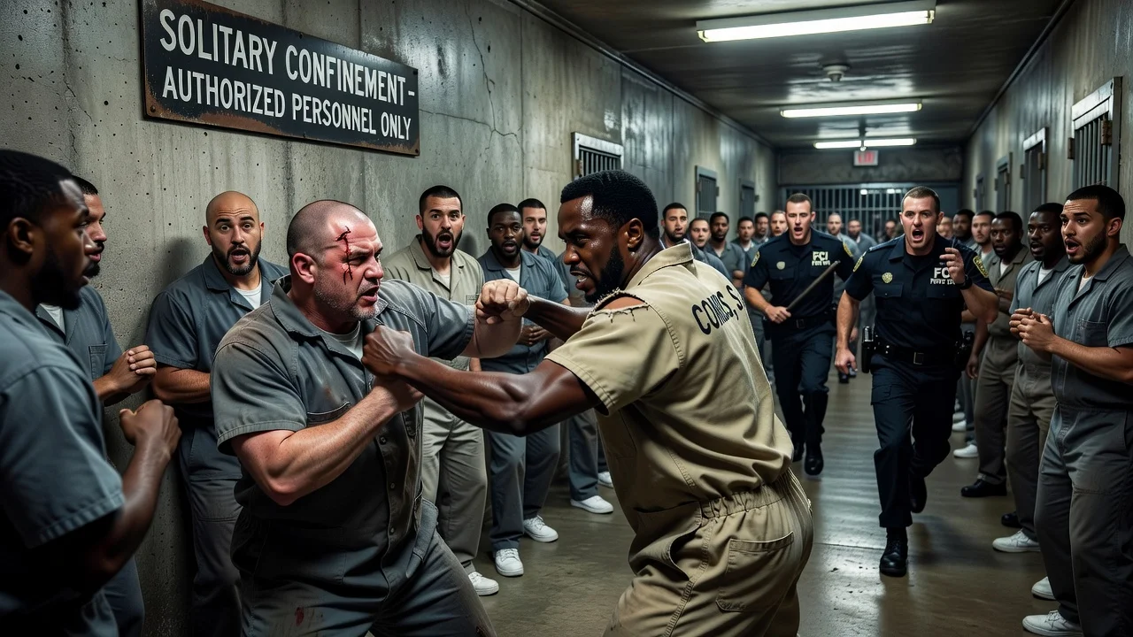 Illustration of Diddy brawling with an inmate at Fort Dix federal prison before being sent to solitary.