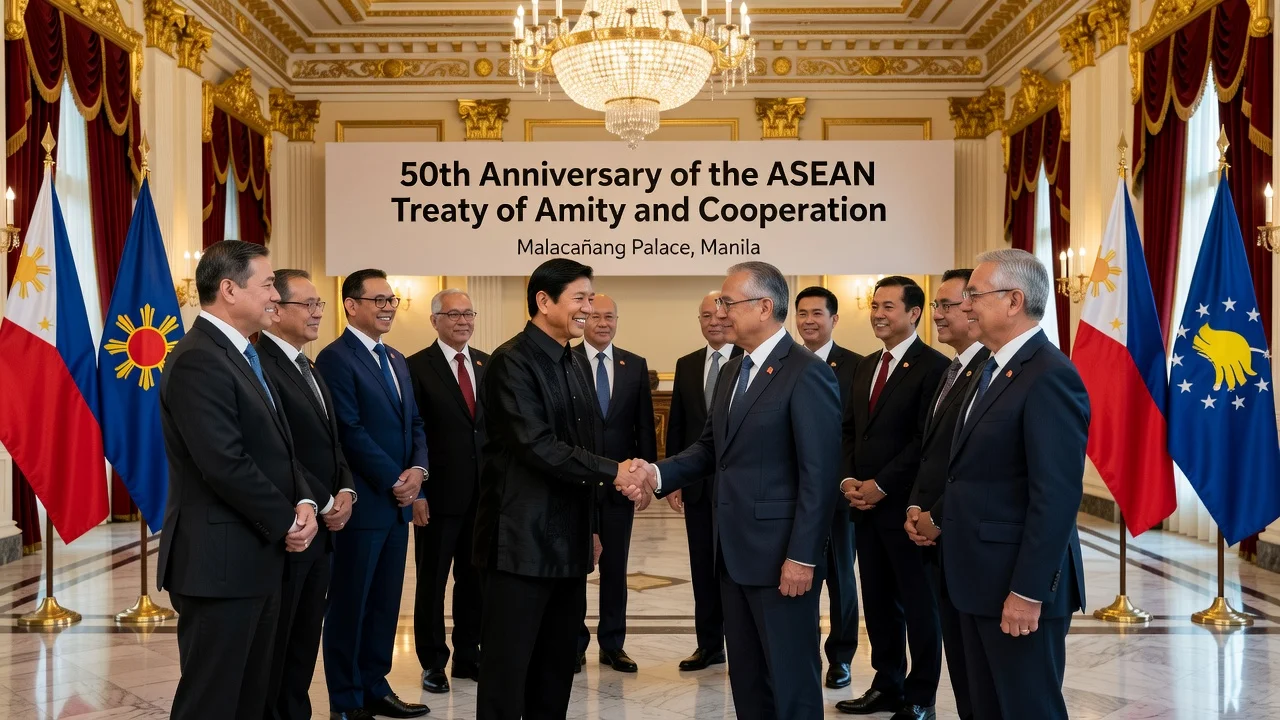 President Marcos welcoming ASEAN foreign ministers at Malacañang Palace for treaty anniversary