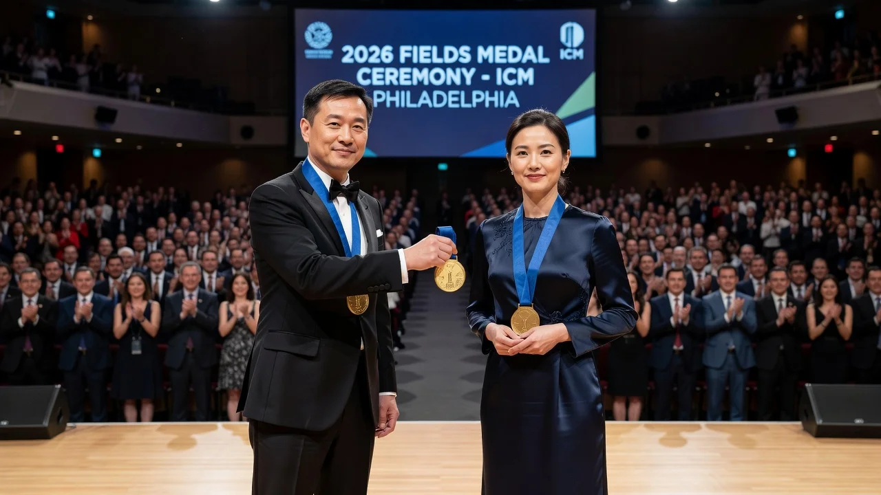 Two Chinese mathematicians receiving Fields Medals at the 2026 ICM ceremony in Philadelphia.