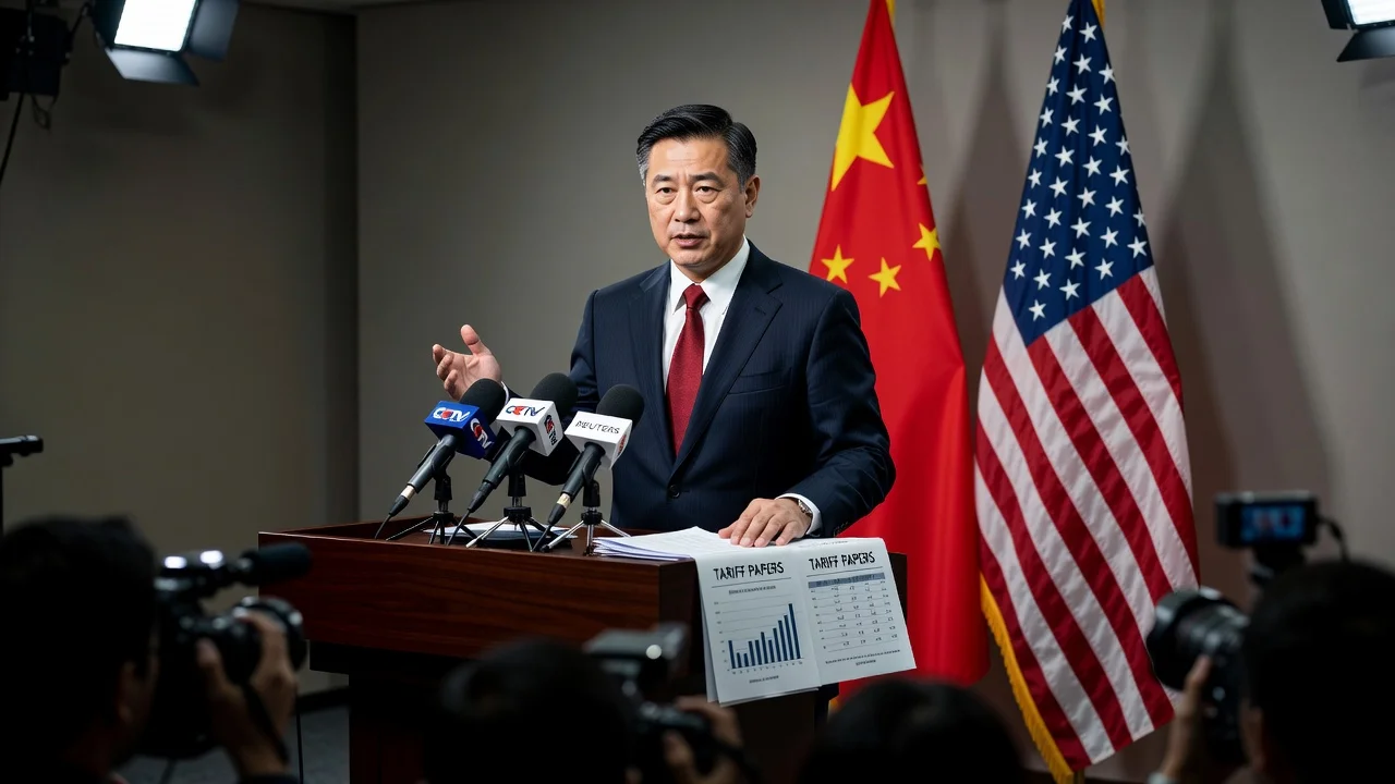 Chinese diplomat speaking against U.S. tariffs at a podium with national flags in the background