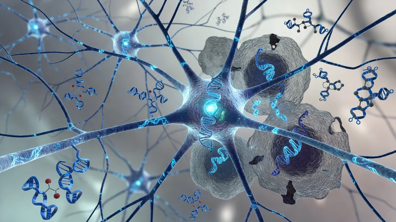 Vivid illustration of human neurons showing enhanced DNA repair linked to the APOE2 variant, for a news article on aging research.