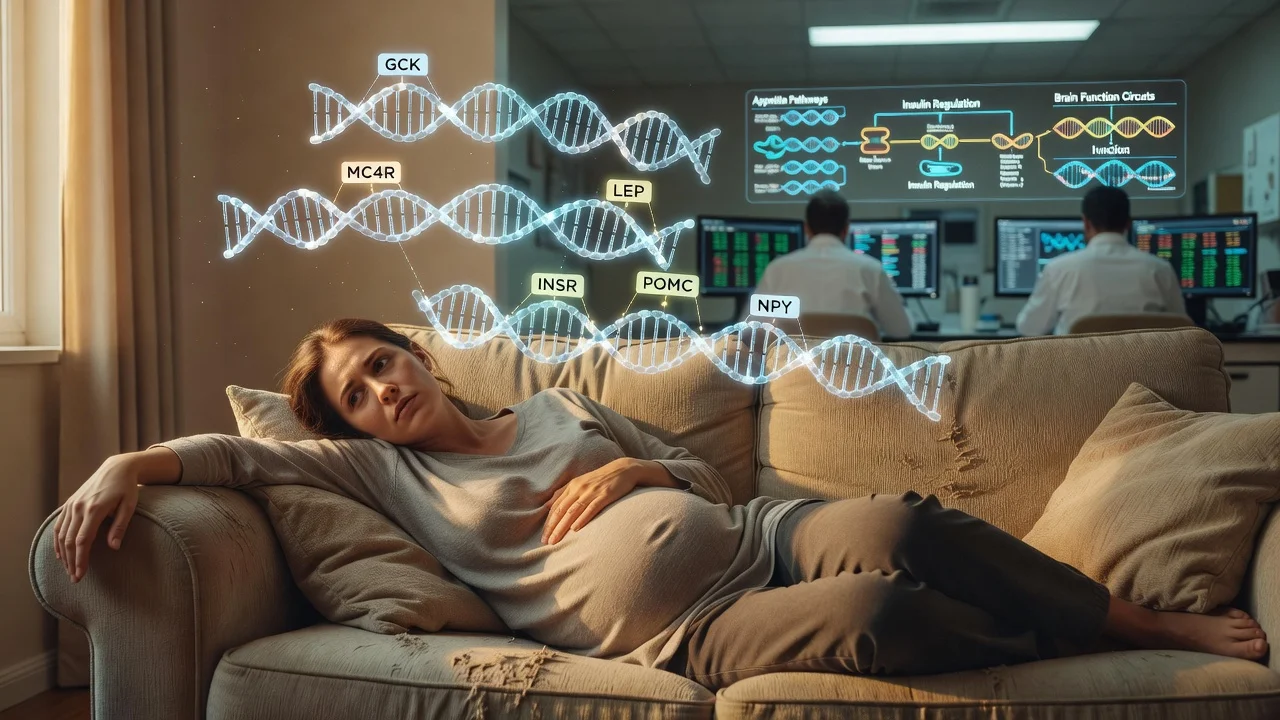 Illustration of a pregnant woman with DNA and genetic research elements representing a study on hyperemesis gravidarum.