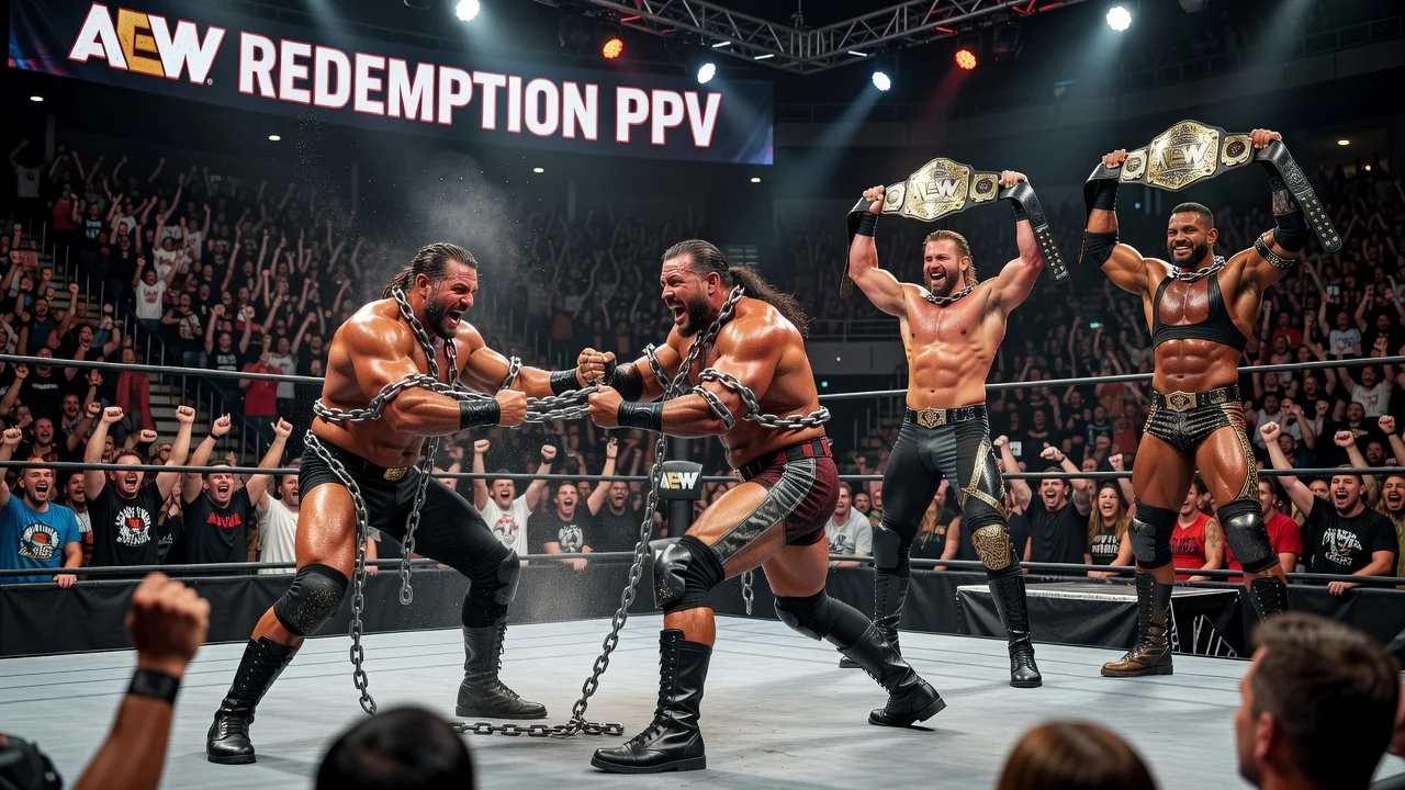 Dramatic realistic scene of AEW wrestlers in a double chain match and tag title bout at Redemption PPV