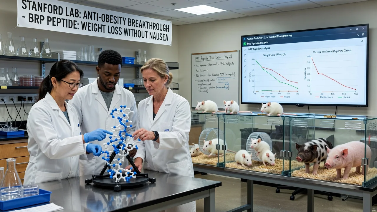 Scientists in a Stanford lab studying a peptide that helps mice and pigs lose weight, illustrated for a news article on obesity research.