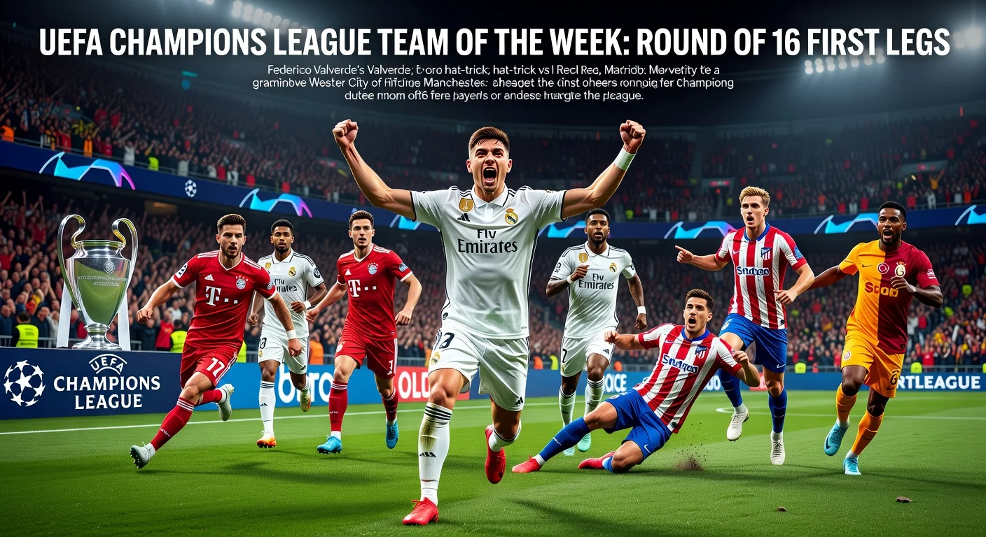 UEFA Champions League Team of the Week illustration featuring Player of the Week Federico Valverde and stars from Bayern Munich, Real Madrid, Atletico Madrid, and Galatasaray.
