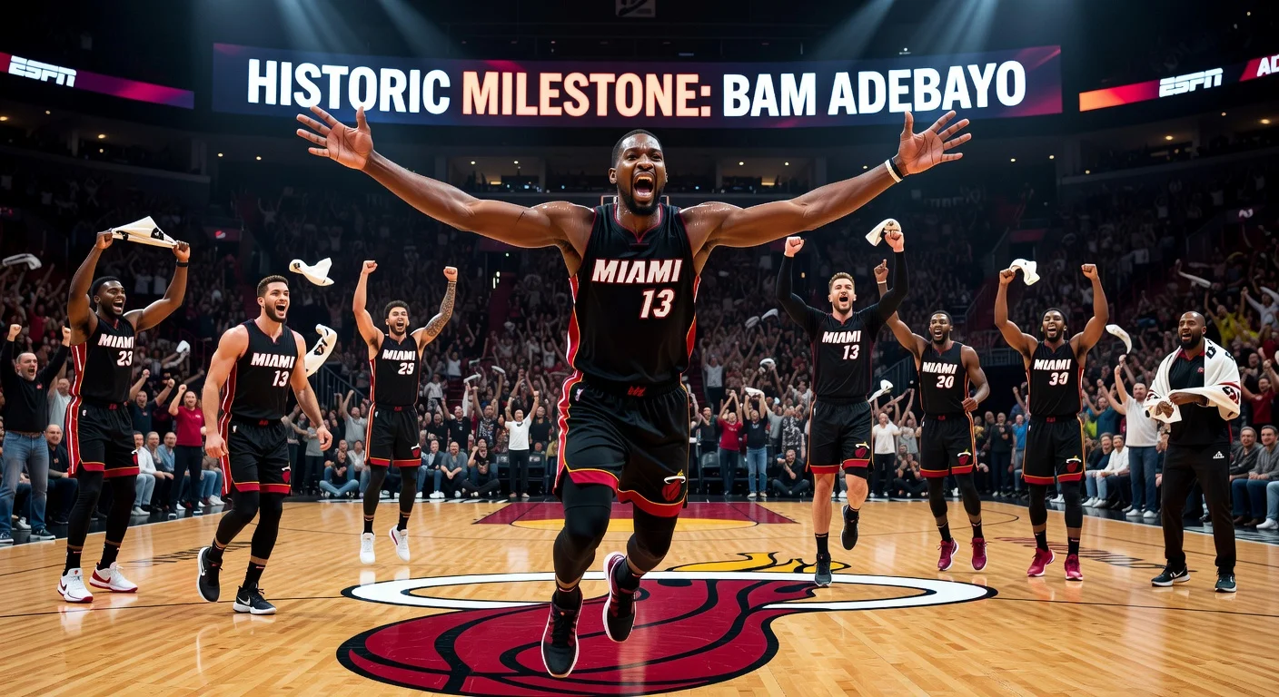 Bam Adebayo of the Miami Heat celebrates making NBA history in a dynamic, photorealistic basketball action shot.