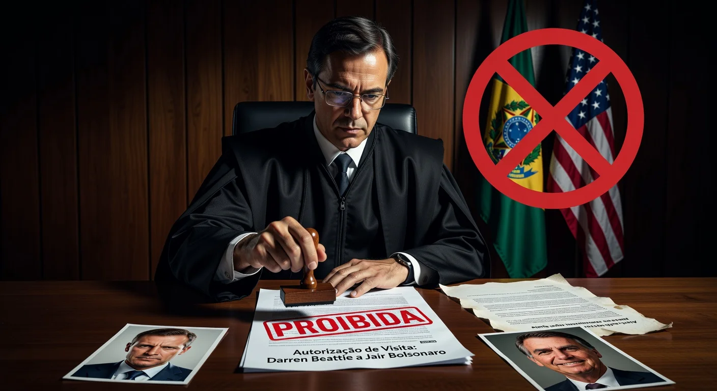 Illustration of Justice Alexandre de Moraes stamping prohibition on Trump advisor Darren Beattie's visit to Jair Bolsonaro amid diplomatic concerns.