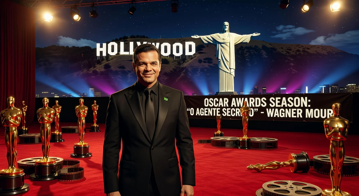 Wagner Moura on Hollywood red carpet, blending Brazilian cinema with Oscar race for 'O Agente Secreto'.