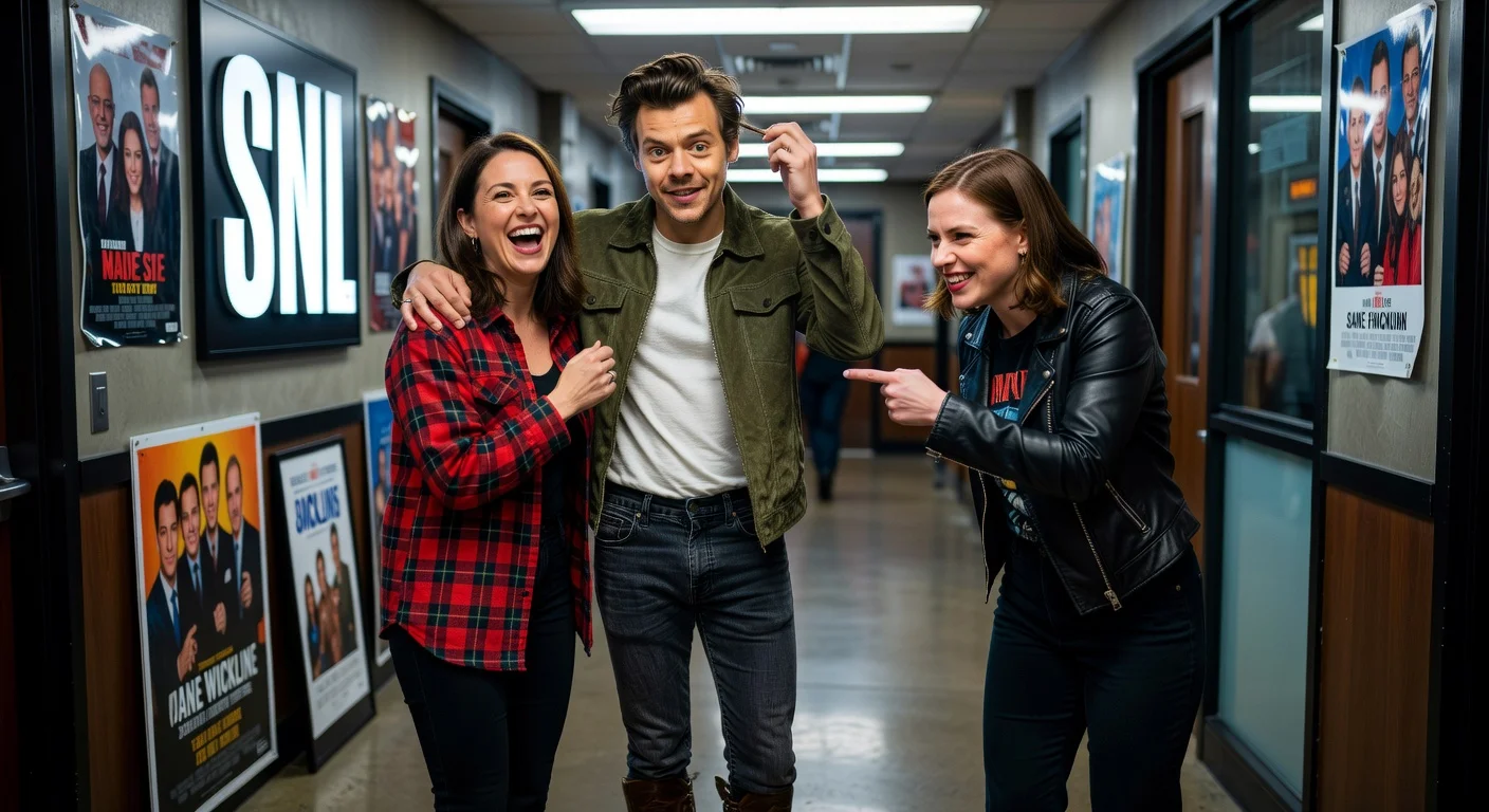 Harry Styles appears nervous and amused bantering with SNL cast members Jane Wickline and Chloe Fineman in promo clips.
