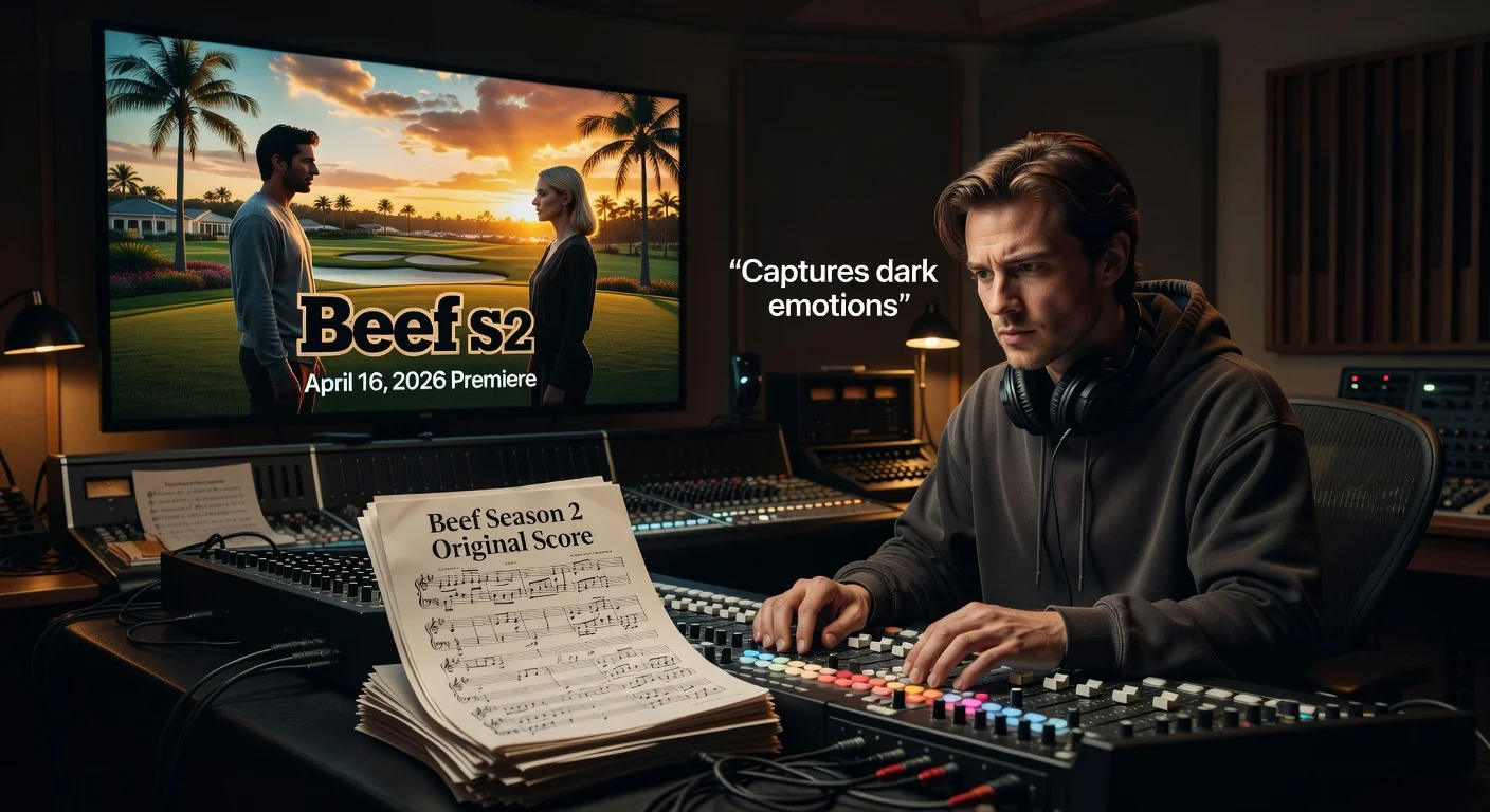 Finneas composing the score for Netflix's Beef Season 2, with stars Oscar Isaac and Carey Mulligan depicted in a country club scene.