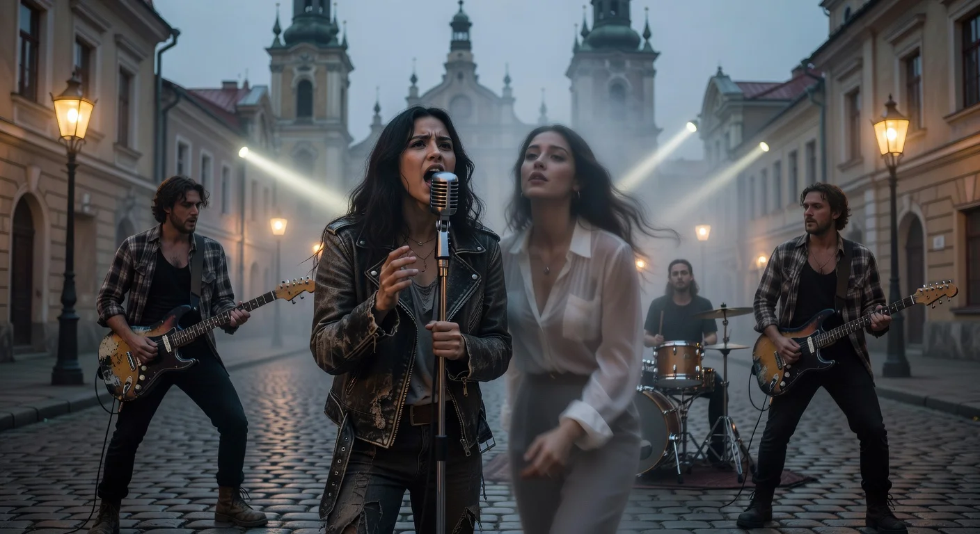 Beabadoobee and The Marías performing in a cinematic Vilnius street scene for their new single 'All I Did Was Dream of You' music video.