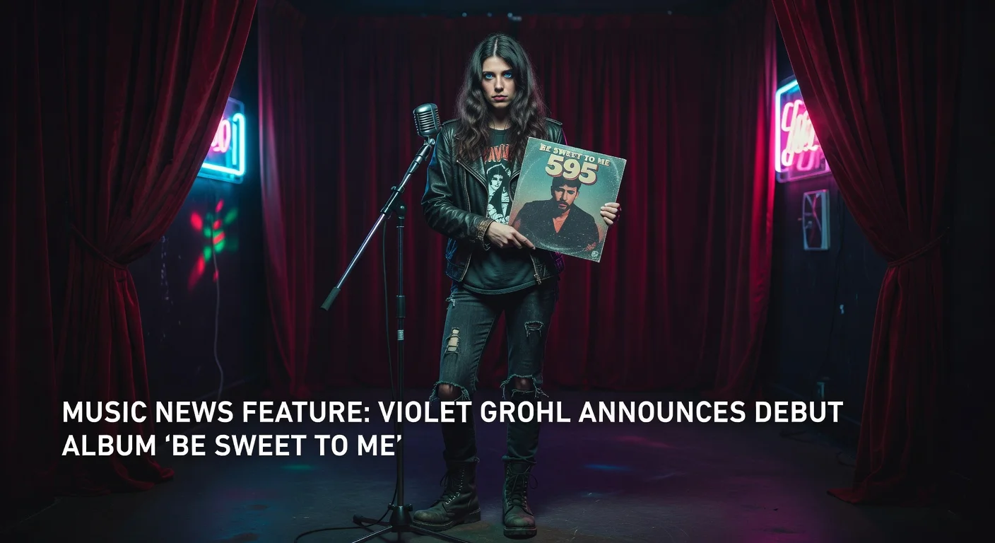 Violet Grohl in a David Lynch-inspired setting, holding her debut album 'Be Sweet to Me' for a music news illustration.