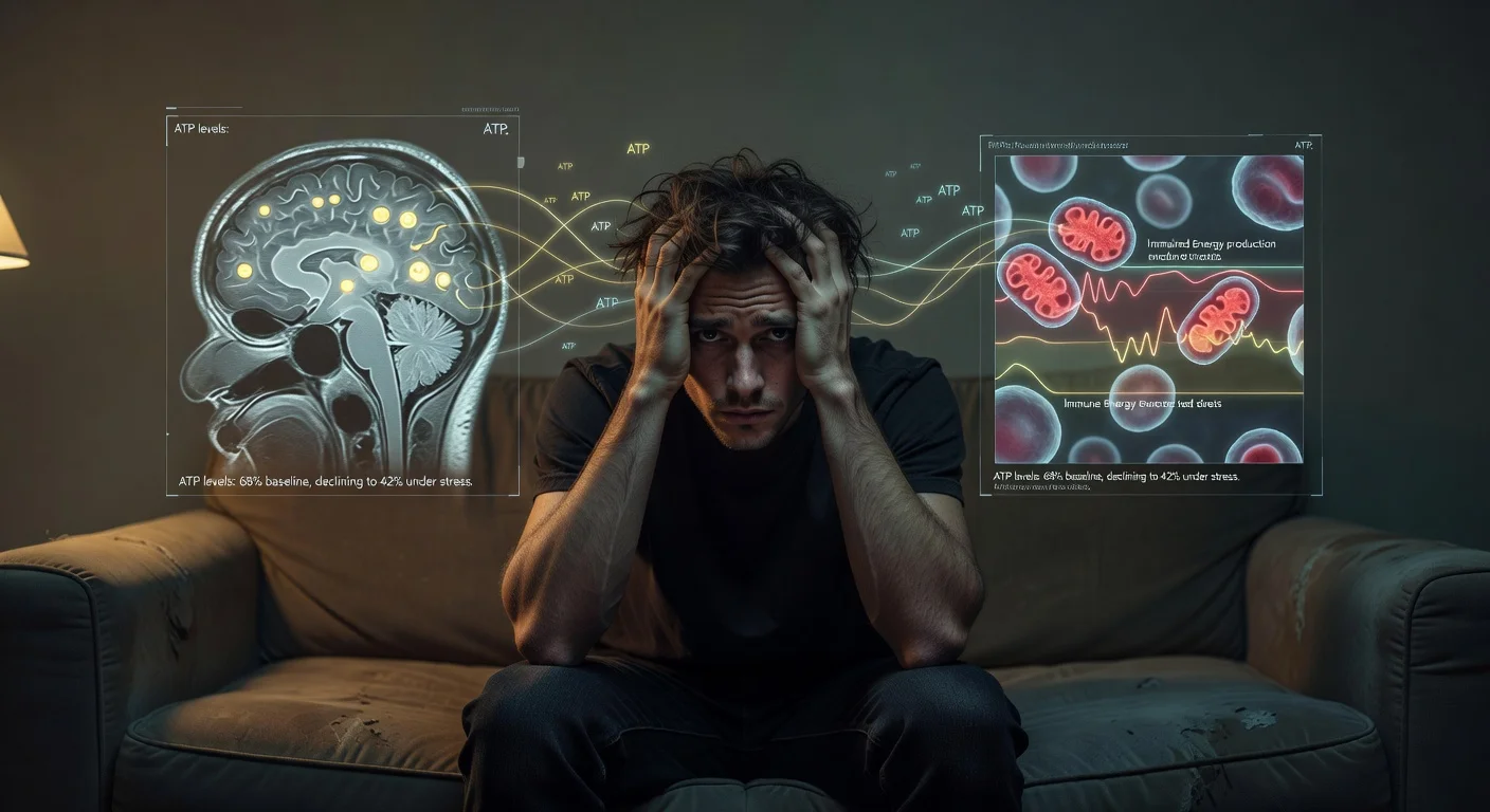 Realistic illustration of a fatigued young adult overlaid with brain MRI and blood cell visuals highlighting altered ATP energy patterns linked to depression.